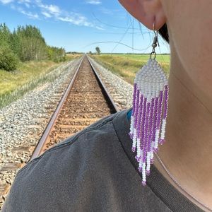 Purple/White Beaded Fringe Earrings Handcrafted